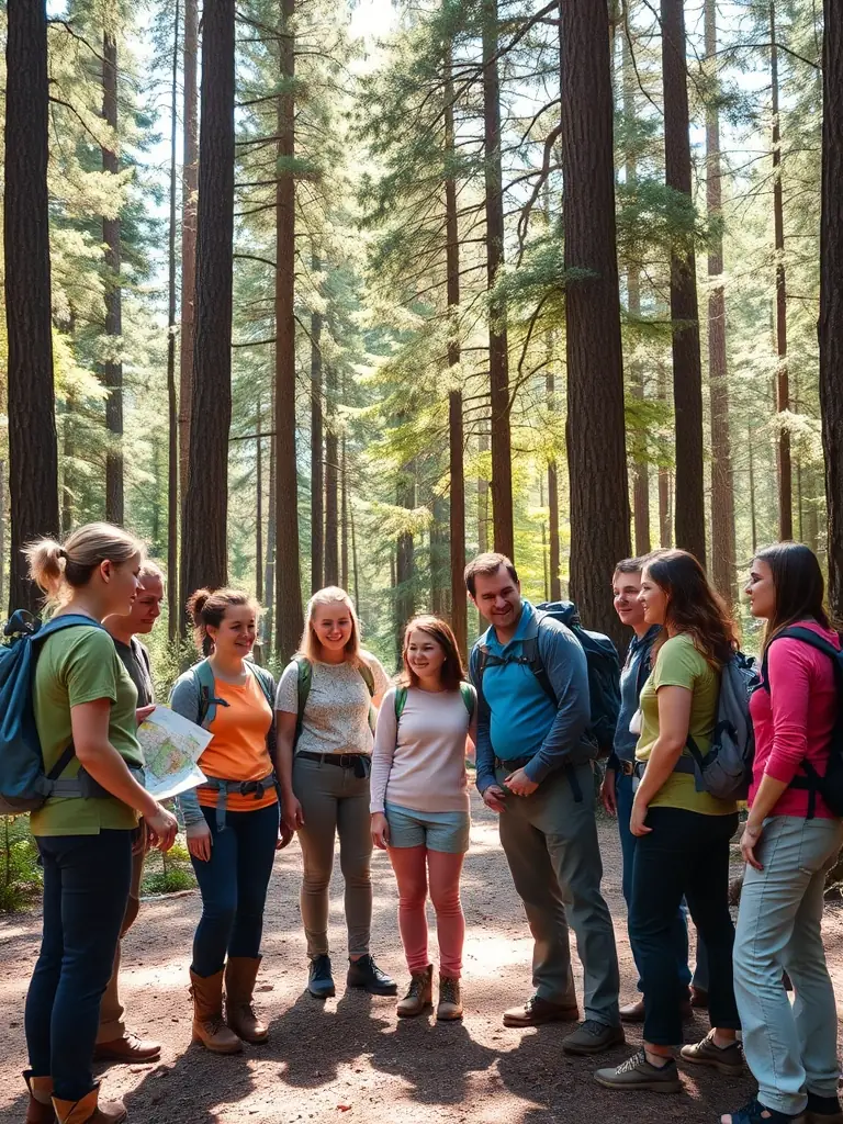 A group of people participating in a wildlife tracking workshop in a forest, learning to identify animal footprints and signs.