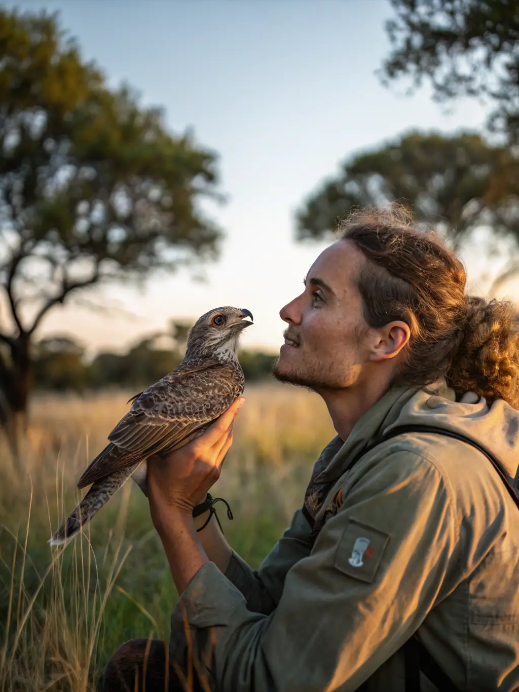 A photograph of participants releasing a rehabilitated bird of prey back into its natural habitat.